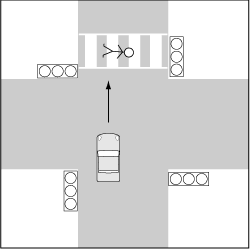 歩行車対自動車、横断歩道上で倒れている者の事故