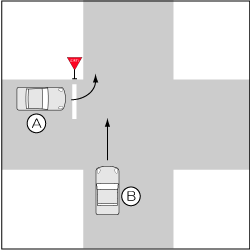 四輪車同士、一時停止義務違反の左方左折車対直進車の事故の図