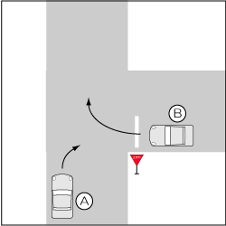 四輪車同士、一時停止規制ありで双方右折のＴ字路交差点での事故の図