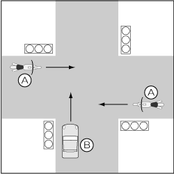 四輪車対バイク、信号のある交差点、直進車同士の双方赤の事故の図