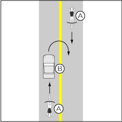 四輪車対バイク、四輪車がＵターンの事故の図