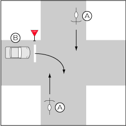 四輪車対自転車、一時停止義務違反の四輪車が右折、自転車が直進の事故の図