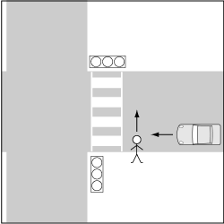 歩行車対自動車、信号機のある横断歩道の手前で歩行者が横断した事故の図 