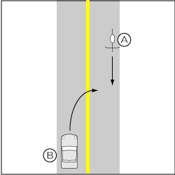 四輪車対自転車、四輪車が路外へ進出、自転車が直進の事故の図
