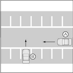 駐車場内における通路進行車と駐車区画から出る車の事故の図