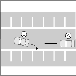 駐車場内における通路進行車と駐車区画から出る車の事故の図
