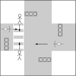 歩行車対自転車、信号機のある横断歩道上で自転車が直進の事故の図