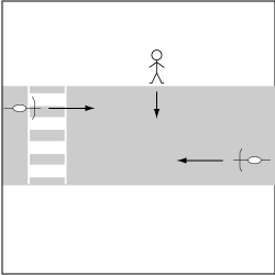 歩行車対自転車、信号機のない横断歩道の付近で歩行者が横断した事故の図 